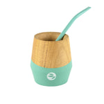 Turquoise wooden mate cup set with metal bombilla straw for yerba mate tea.